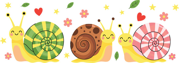 Cute Cartoon Snails Vector Set with Colorful Shells Hearts Flowers and Smiling Garden Characters Illustration © Sumon Creative