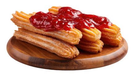 Churros piled on wooden plate, topped with generous scoop of red fruit jam