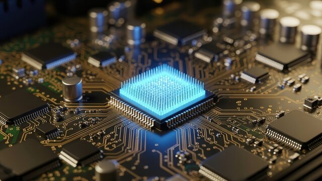Macro photography of central processing unit glowing with blue light on complex circuit board representing quantum computing and high tech hardware components for data server and machine learning - Powered by Adobe