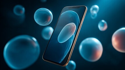 A sleek, golden-framed device with a digital display, surrounded by floating, translucent spheres