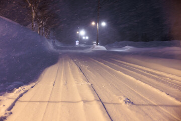 夜の街灯に照らされる静かな雪道