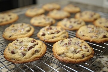 Freshly baked homemade chocolate chip cookies cooling on a wire rack in a cozy kitchen setting during the afternoon hours