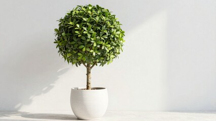 Topiary tree in white ceramic pot on light background