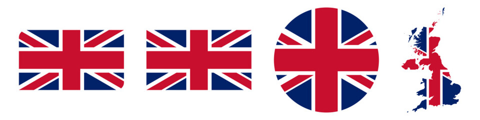 UK circular flag, UK rectangular flag, UK map flag flat icon