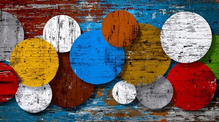 Textured abstract art featuring colorful circles against a weathered, distressed wood backdrop