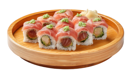 Sushi rolls topped with tuna & green garnish, served on a wood plate