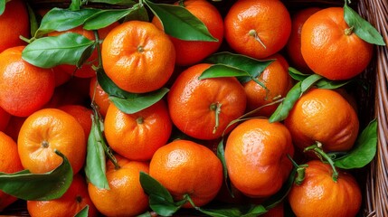 Fresh, ripe mandarins glisten under the light, piled high with vibrant orange skin and green leaves. A lively fruit market buzzes around them, inviting customers to indulge in the sweetness