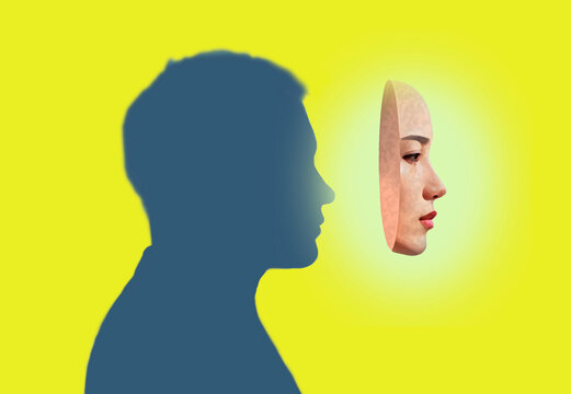 Conceptual composition of dual identity with mask and profile silhouette