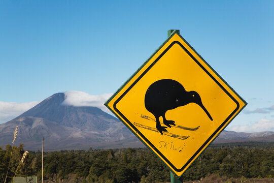 Attention sign for kiwi crossing near ski area with Mount Ngauruhoe