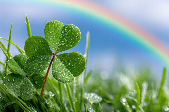 Green four-leaf clover in fresh grass with morning dew drops against a bright rainbow sky, luck and nature concept. - Powered by Adobe