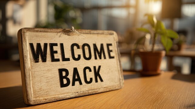 Wooden sign reads "WELCOME BACK" on a table, with a blurred plant & window