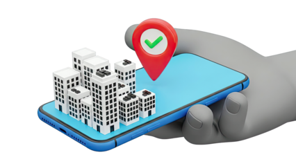 3D Illustration of Smartphone with City Buildings and Location Pin