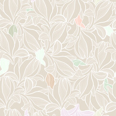 Fototapeta premium Floral Artistic Seamless Pattern Minimalist Line art Style. Hand Drawn Linear Flower Print Template for Textile, Fabric, Invitations, Greeting Cards. Vector Illustration
