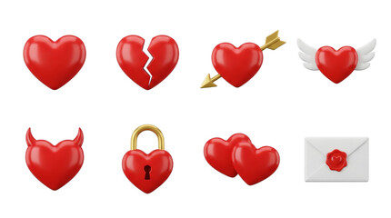 Red 3d heart set including broken, cupid arrow, winged, devil, and padlock variants isolated. Romantic valentine and love icon collection.
