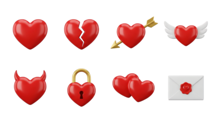 Red 3d heart set including broken, cupid arrow, winged, devil, and padlock variants isolated. Romantic valentine and love icon collection.