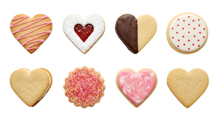 Fototapeta premium Heart shaped cookie set including iced, jam filled, chocolate dipped, and sugar sprinkles isolated. Valentine day and holiday bakery collection.