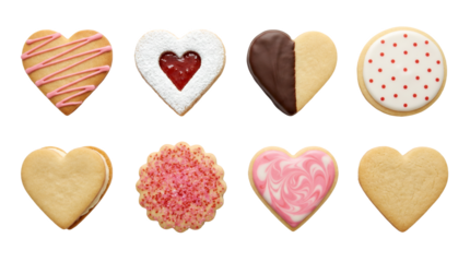 Heart shaped cookie set including iced, jam filled, chocolate dipped, and sugar sprinkles isolated. Valentine day and holiday bakery collection.