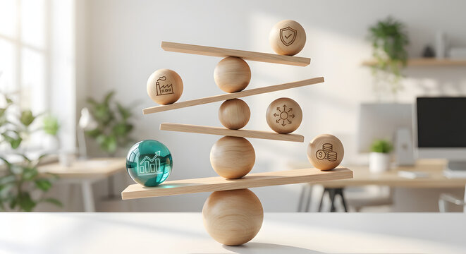 balanced wooden sculpture with icons of industry security finance and growth representing business stability risk management strategic economic planning and corporate sustainability