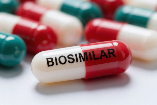 Medication pills with the word Biosimilar printed on a capsule, healthcare concept of pharmaceutical drug that have similar biological properties to biologic medicine. Closeup, white background.