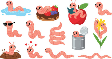 Cute Cartoon Worm Vector Set with Funny Situations Colorful Garden Characters Kids Illustration Collection