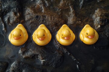 Four cheerful yellow rubber ducks arranged neatly on a rocky surface by the water during a bright sunny day