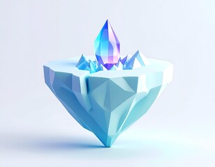 Geometric island with faceted ice structure and central crystal, glowing