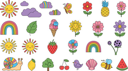 Cute Doodle Elements Vector Set with Sun Rainbow Flowers Fruits Animals and Summer Icons Illustration © Sumon Creative