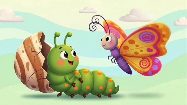 Animated butterfly emerging from eggshell with caterpillar