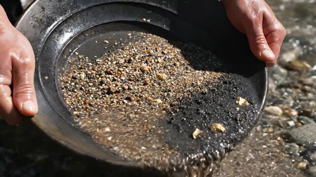 Hands panning for gold in a shallow stream water outdoors
