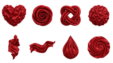 Red silk fabric set including heart, rose, knot, and flowing ribbon shapes isolated. Luxury textile elements for romantic design and holiday decoration.