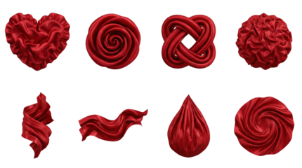 Red silk fabric set including heart, rose, knot, and flowing ribbon shapes isolated. Luxury textile elements for romantic design and holiday decoration.