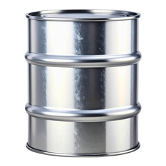 Isolated steel barrel drum or metal tank, industrial container for liquid storage or transportation