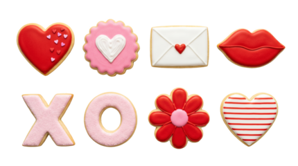 Valentine's Day sugar cookie set including hearts, lips, envelope, flower, and xo letters. Romantic holiday dessert collection.