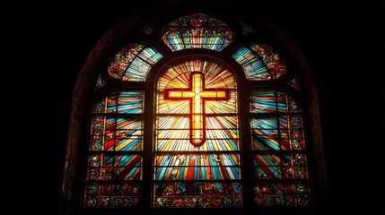 A vibrant stained glass window depicting a cross, illuminated by colorful light, creating a striking visual effect in a dark setting.