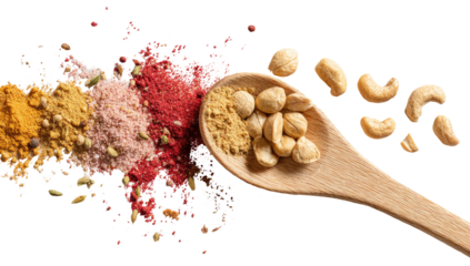 Assorted spices and nuts with wooden spoon, colorful powders on black