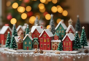 Miniature Christmas Village with Snowy Houses and Warm Lights in Festive Setting