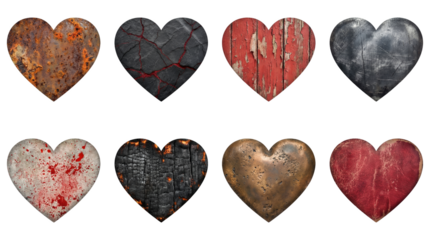 Industrial textured heart set including rusty metal, cracked lava, peeling wood, steel, bloody, charred, bronze, and worn leather styles. Grungy conceptual collection.