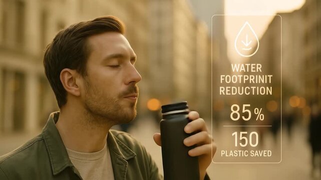 Young Man Drinking Water in City Street with Smart Hydration Tracking Overlay