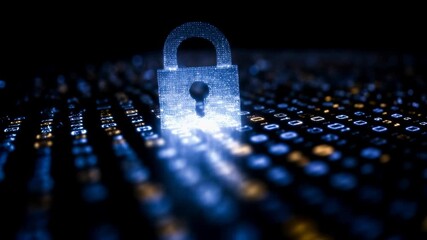 Glowing digital padlock floats above illuminated data grid representing cyber security encryption privacy protection and modern online safety technology - Powered by Adobe