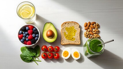 Healthy breakfast foods and ingredients on a table