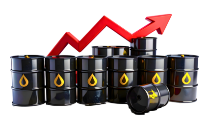 Crude oil drums isolated on transparent background. Rising oil prices concept. 3D illustration