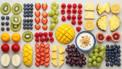 Vibrant fresh fruit arrangement on white background