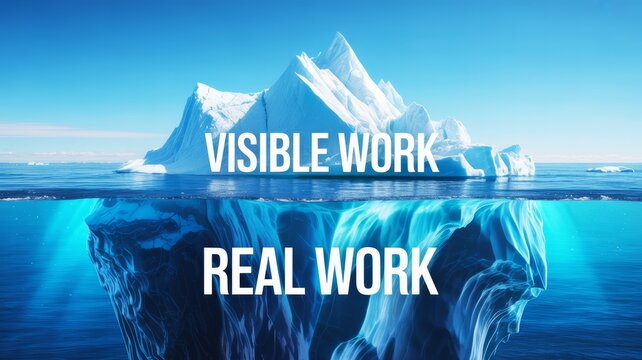 An iceberg symbolizes the concept of visible versus real work, illustrating how much effort lies beneath the surface.