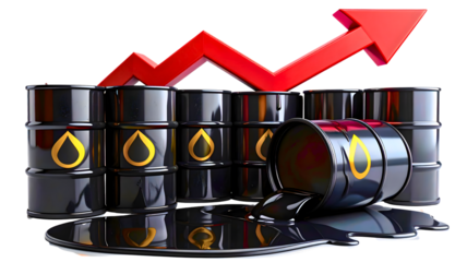 Crude oil drums isolated on transparent background. Rising oil prices concept. 3D illustration