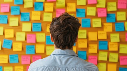A person stands in front of a wall covered with colorful sticky notes, contemplating ideas or tasks organized in a creative manner.