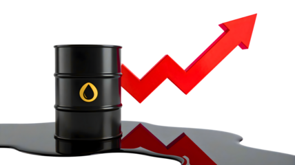 Black oil barrels arranged in ascending order with a red upward-pointing arrow overlayed, signaling growth