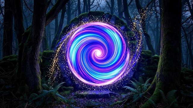 Vibrant Spiral Light in a Mystical Forest at Night