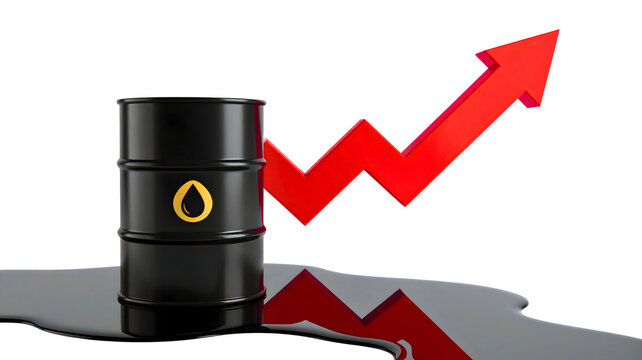 Black oil barrels arranged in ascending order with a red upward-pointing arrow overlayed, signaling growth