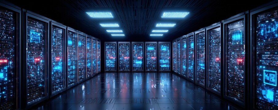 A futuristic server room illuminated by blue lights, featuring rows of high-tech servers in a sleek, modern environment. - Powered by Adobe