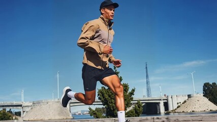 Young athlete runs along riverside path in urban city morning demonstrating speed stamina and commitment to healthy active lifestyle